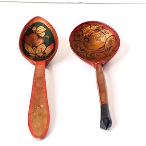 Vintage Pair Russian Decorative Wooden Spoons
